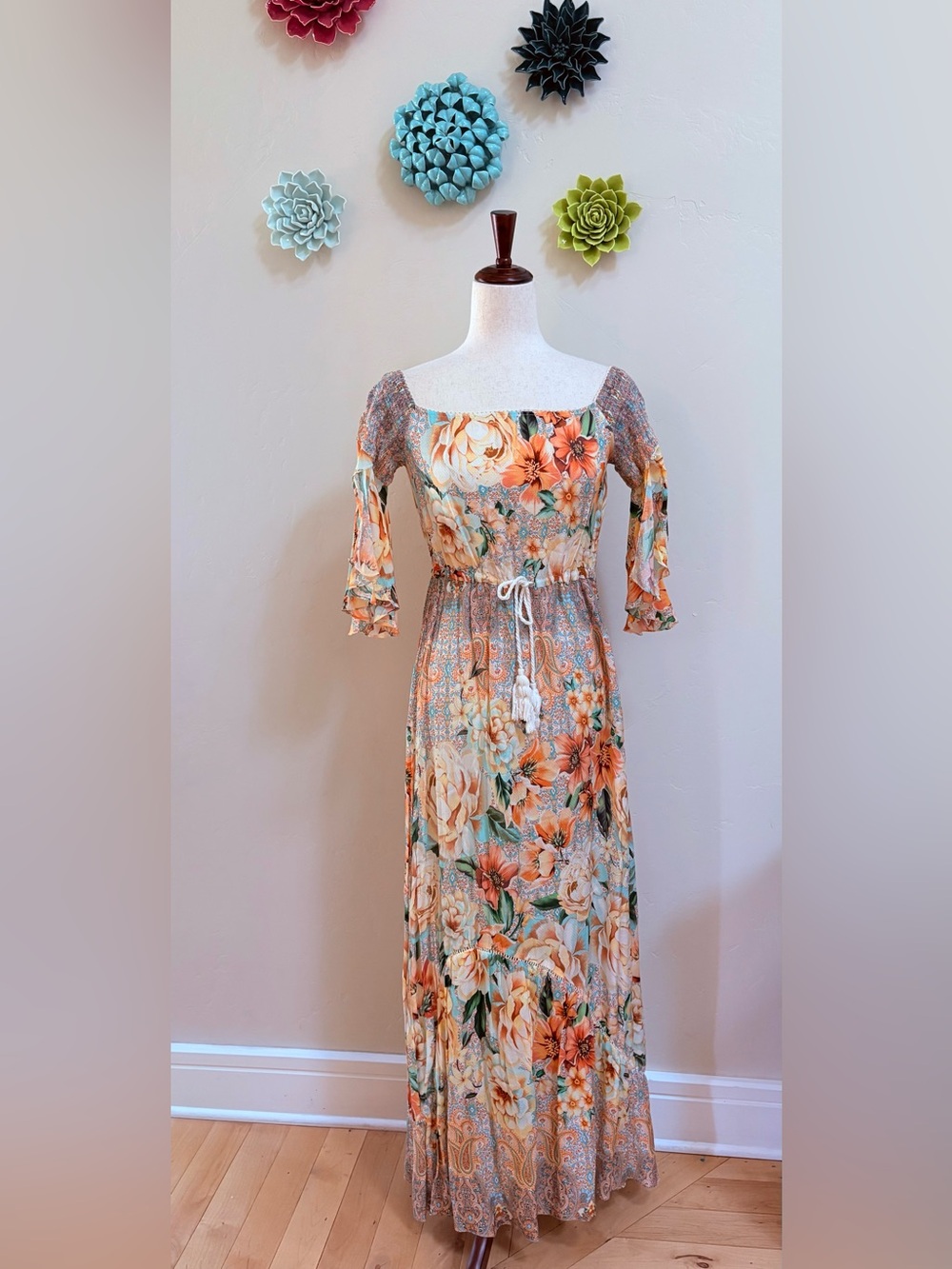Vintage Farm Rio smocked shoulder boho beach maxi dress S